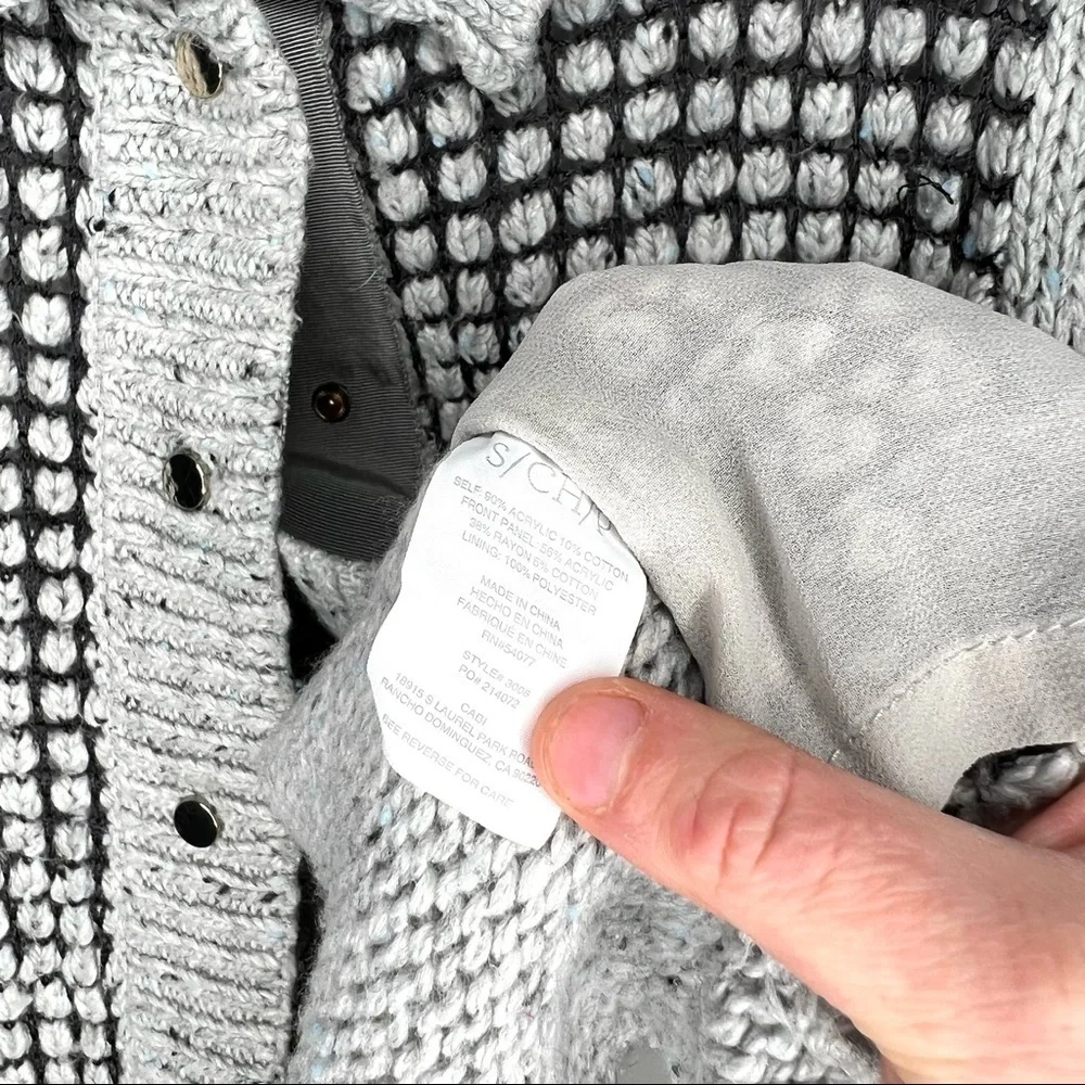 Cabi 3006 Gray Square Stich Window Pane Mock Neck Snap Cardigan Sweater Size S